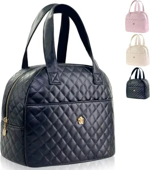 Mziart Insulated Lunch Bag for Women Men, PU Leather Lunch Tote Bag for Women Aesthetic Lunch Box Bag Thermal Bento Cooler Bag Sack Food Handbags for Work Office Picnic Travel (Black)