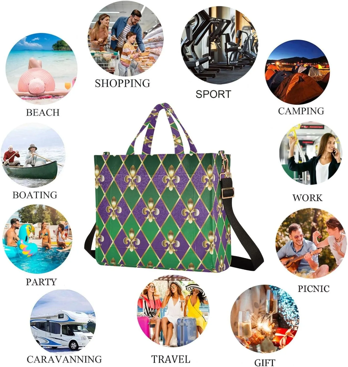 Naanle Mardi Gras Carnival Fleur De Lis Diamond Handbag Crossbody Tote Bag for Gym