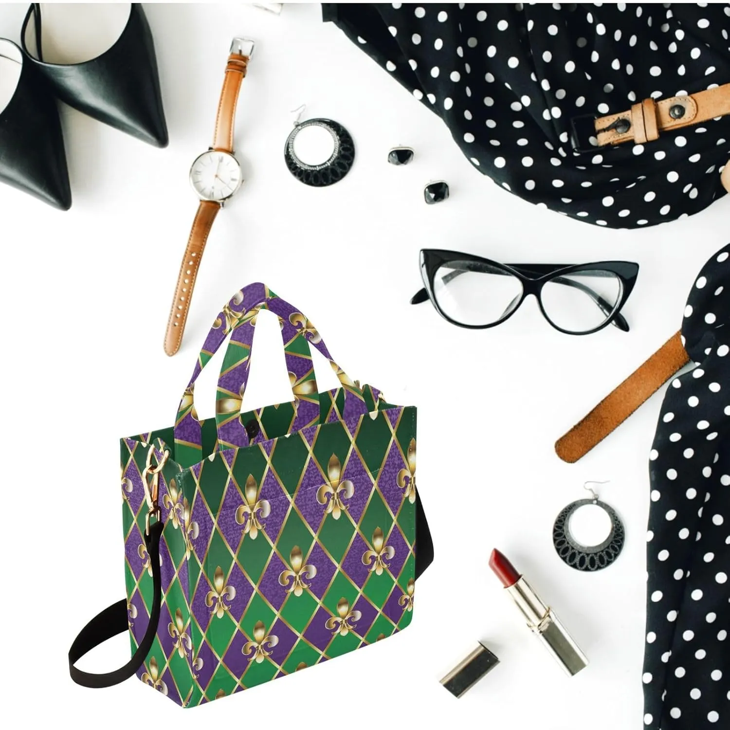 Naanle Mardi Gras Carnival Fleur De Lis Diamond Handbag Crossbody Tote Bag for Gym