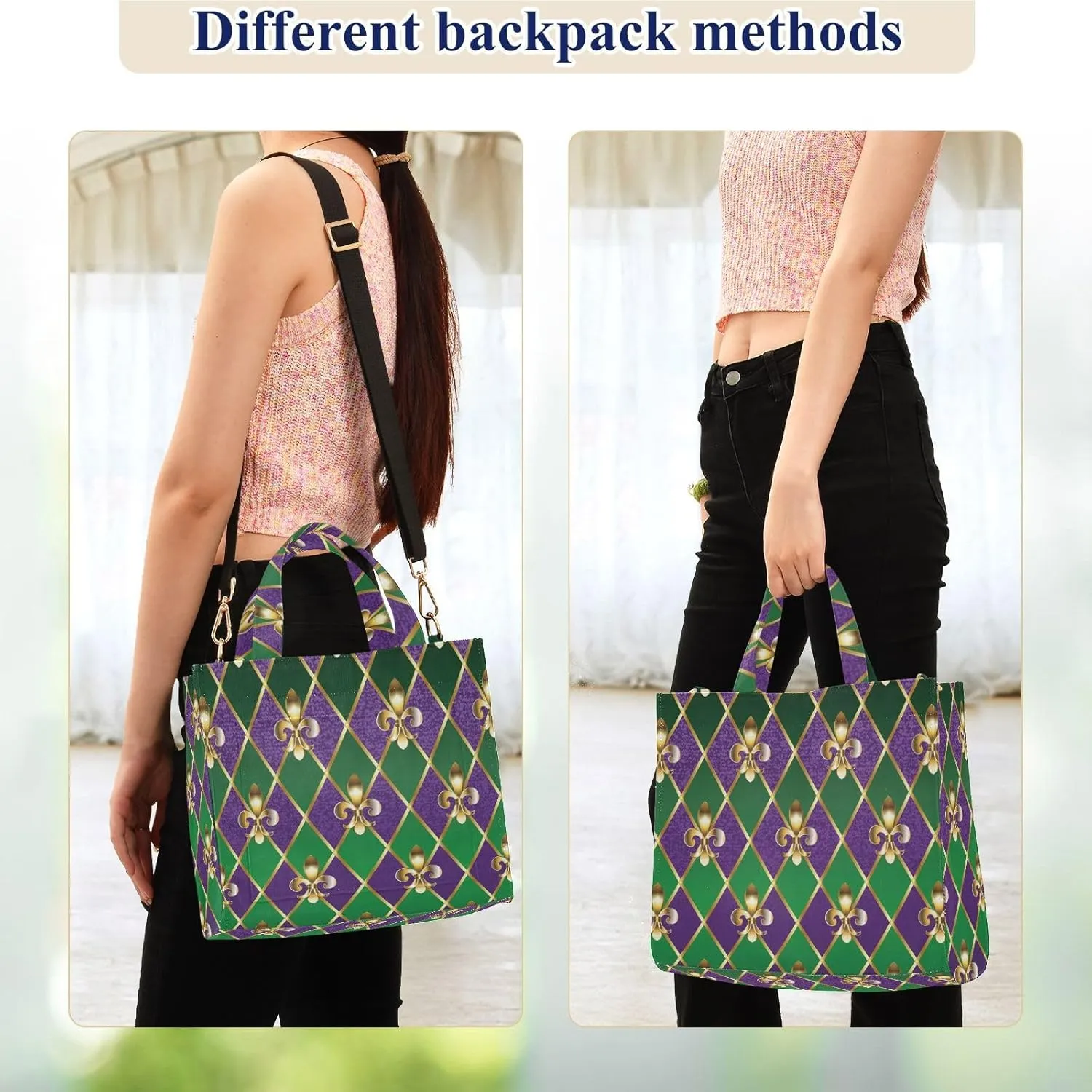 Naanle Mardi Gras Carnival Fleur De Lis Diamond Handbag Crossbody Tote Bag for Gym
