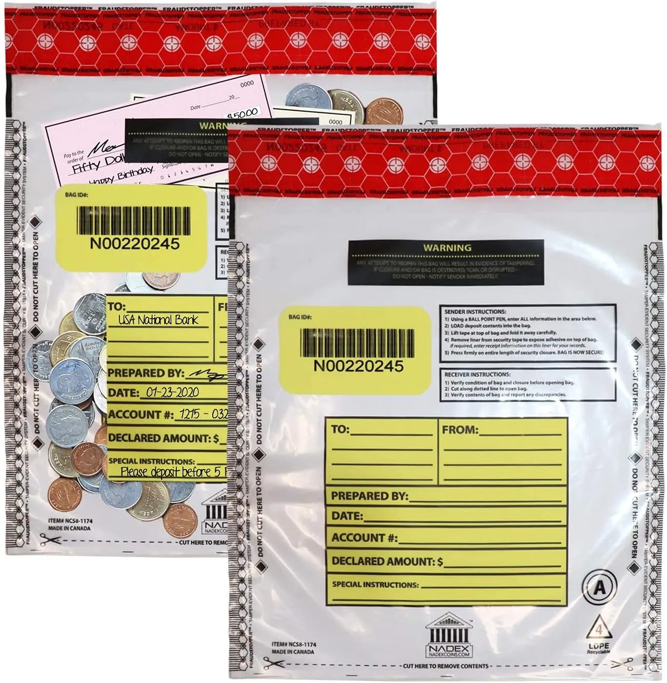 Nadex 9 x 12 Inch Tamper Evident Bank Deposit Bags with FRAUDSTOPPER Level 4 Security, 50 Pack (Clear)