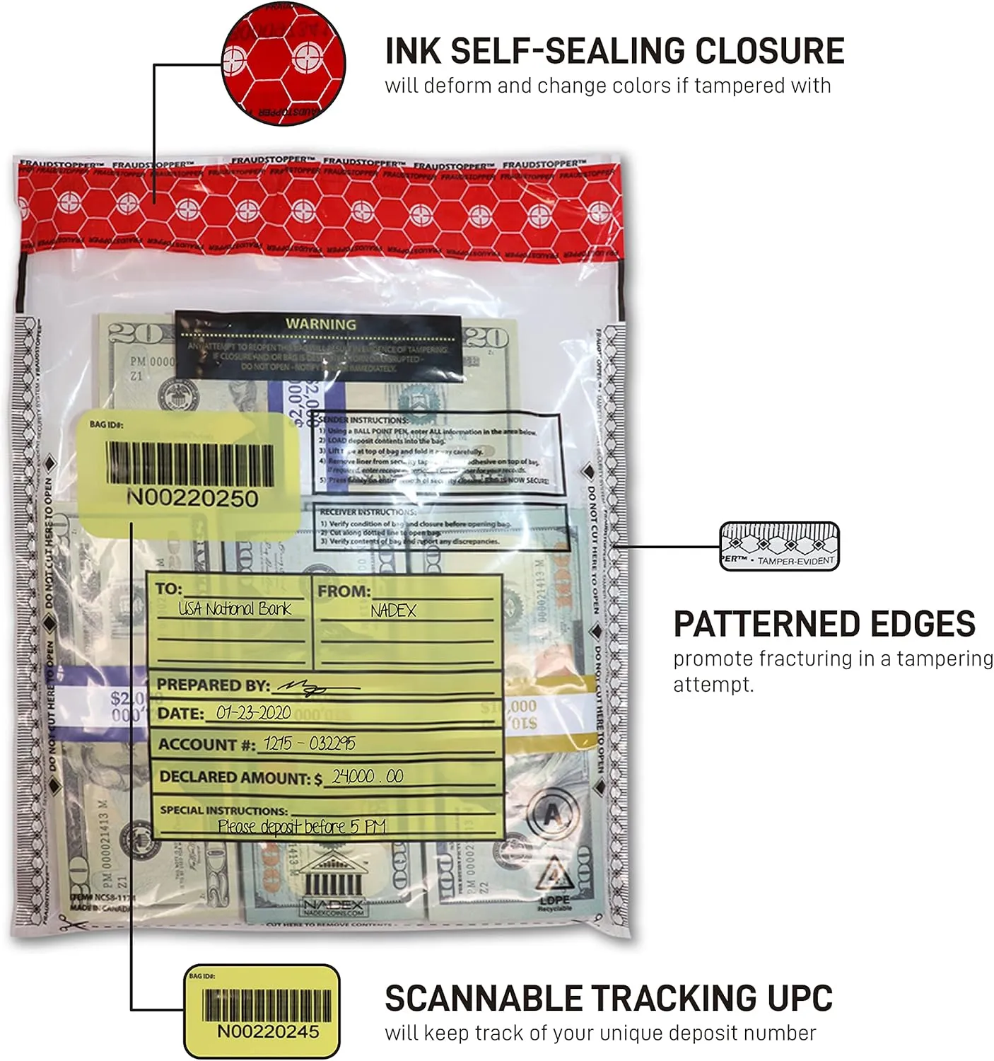 Nadex 9 x 12 Inch Tamper Evident Bank Deposit Bags with FRAUDSTOPPER Level 4 Security, 50 Pack (Clear)