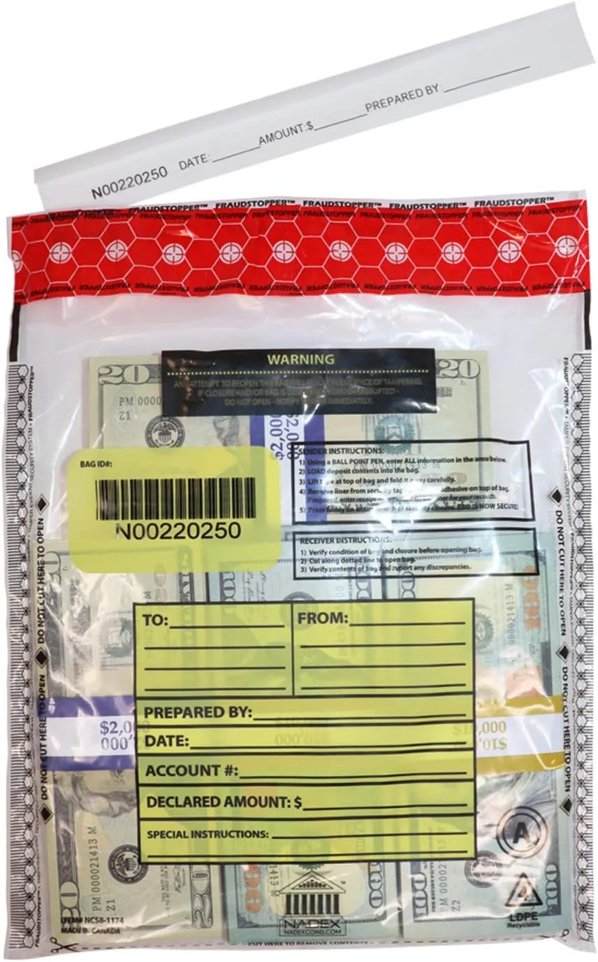 Nadex 9 x 12 Inch Tamper Evident Bank Deposit Bags with FRAUDSTOPPER Level 4 Security, 50 Pack (Clear)