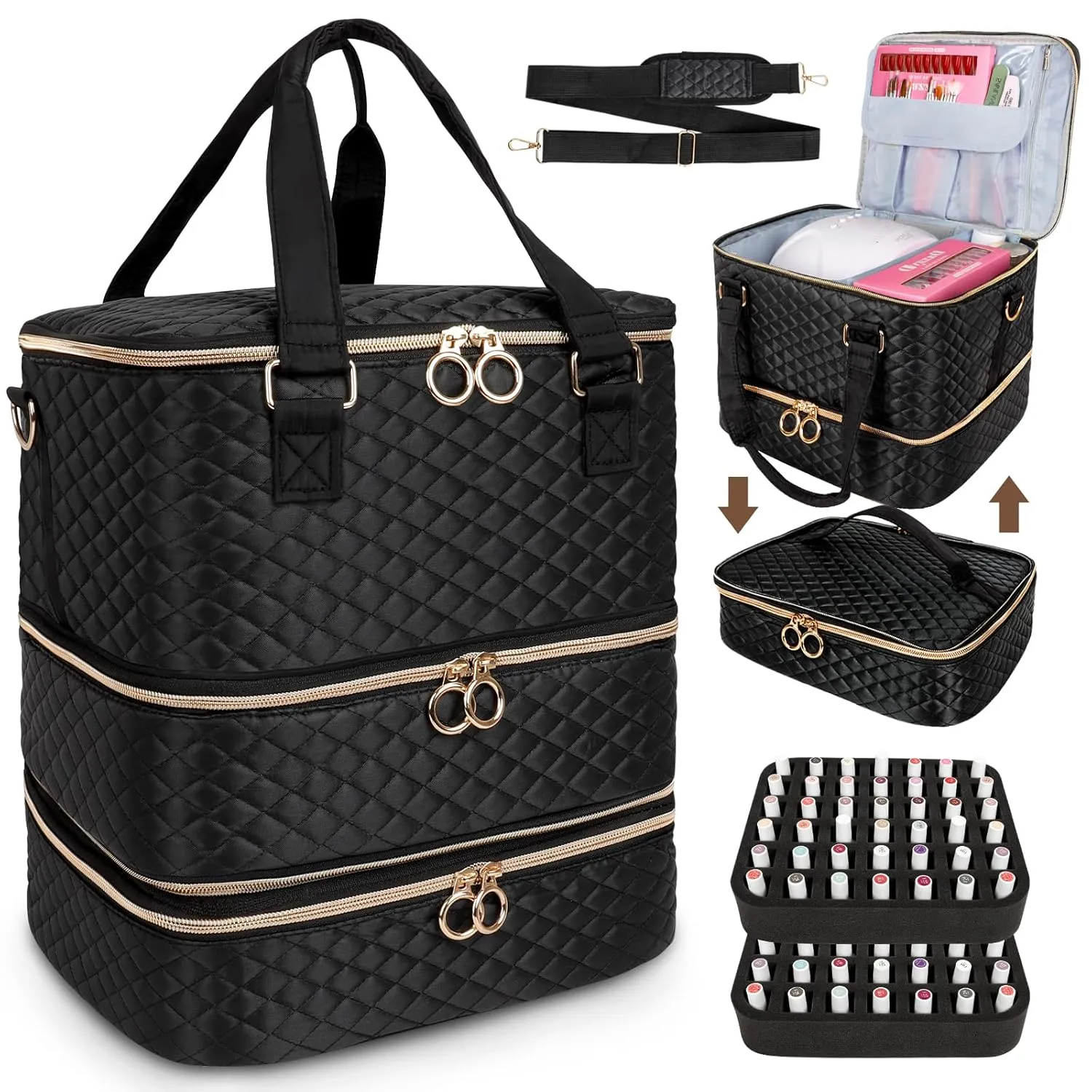 Nail Polish Organizer Bag, 3 Layers Nail Kit Organizers and Storage Case Holds 84 Bottles(15ml/0.5fl.oz)& Nail Lamp, Large Shoulder Bag Travel Carrying Case Box for Nail Supplies