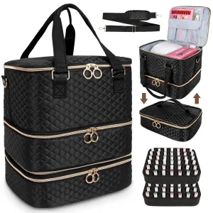 Nail Polish Organizer Bag, 3 Layers Nail Kit Organizers and Storage Case Holds 84 Bottles(15ml/0.5fl.oz)& Nail Lamp, Large Shoulder Bag Travel Carrying Case Box for Nail Supplies