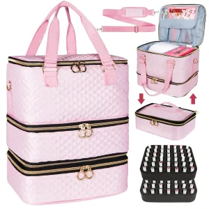 Nail Polish Organizer Bag Hold 84 Bottles(15ml/0.5 fl.oz), 3 Layers Nail Kit Supplies Organizer Bag Travel, Nail Organizers and Storage Case with Holder & Shoulder Strap, pink