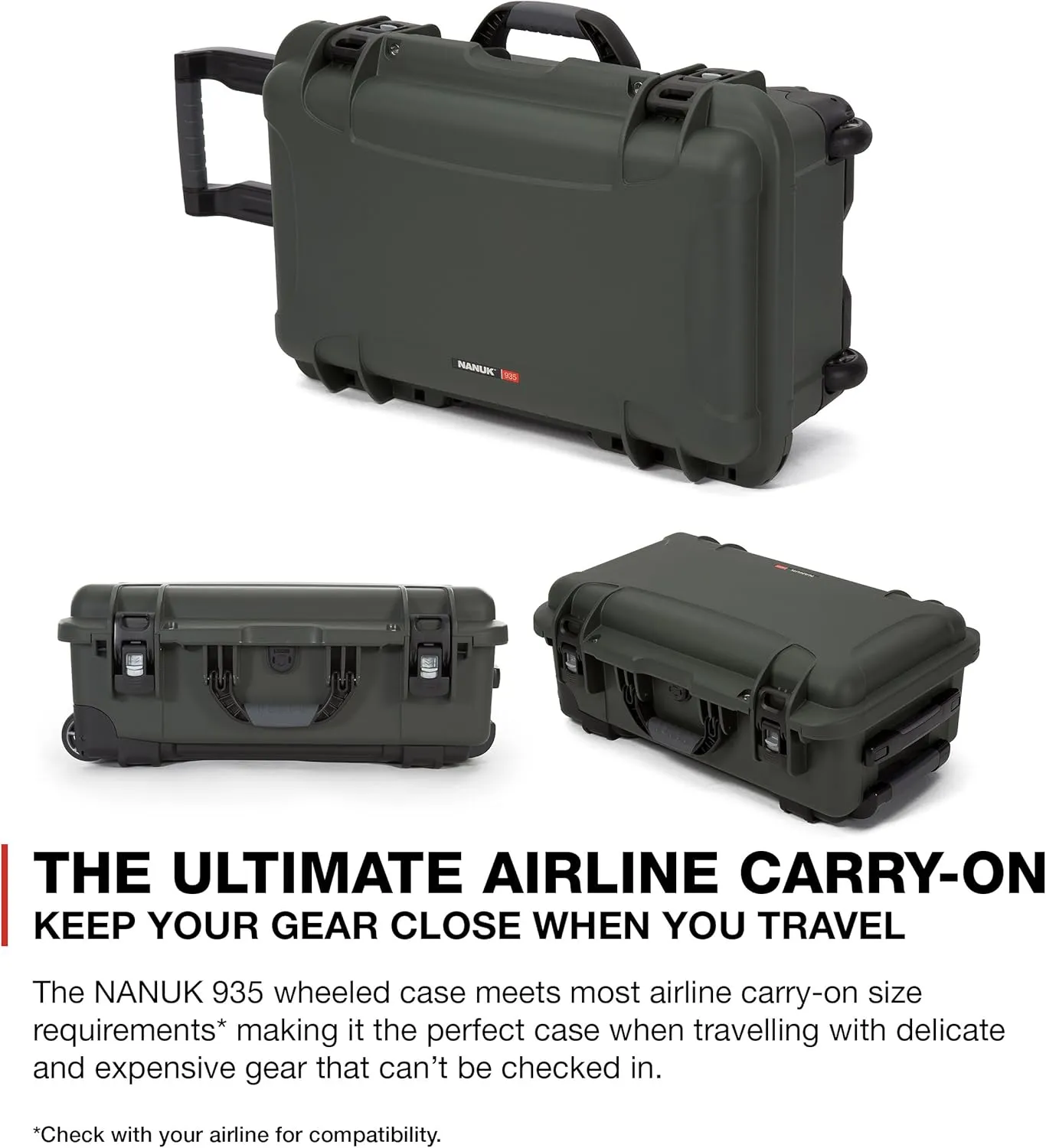 Nanuk Wheeled Series 935 Lightweight NK-7 Resin Waterproof Protective Case for DSLR Camera, 3 Lenses, Flash, Olive