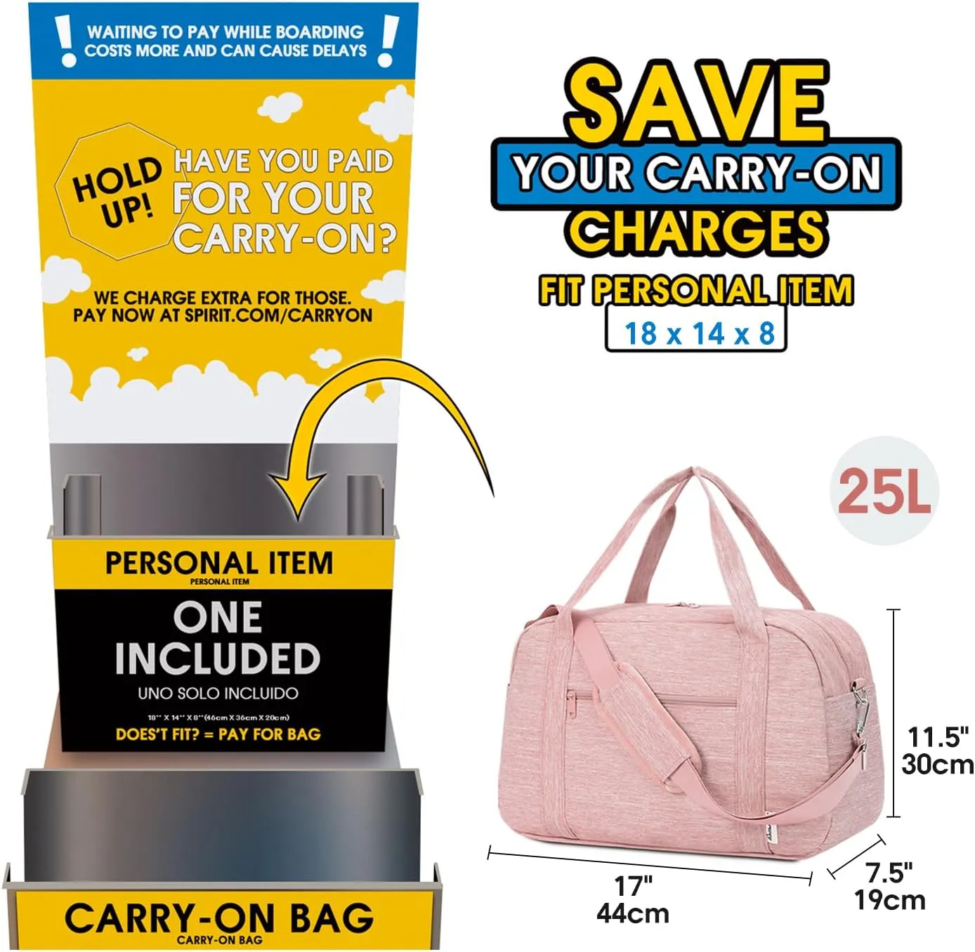 Narwey 18" Carry on Bag Underseat for Airplane with Wet Pocket Spirit Airlines Personal Item Bag Travel Duffel Bag Small Gym Bag Weekender Overnight for Women and Men (Pink)
