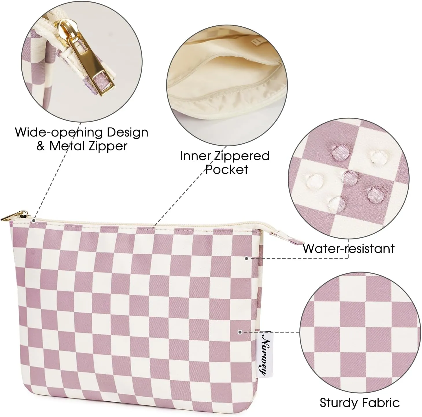 Narwey Small Checkered Makeup Bag for Purse Small Cosmetic Bag Women Travel Makeup Pouch Zipper Pouch (Dusty Rose Checkerboard)