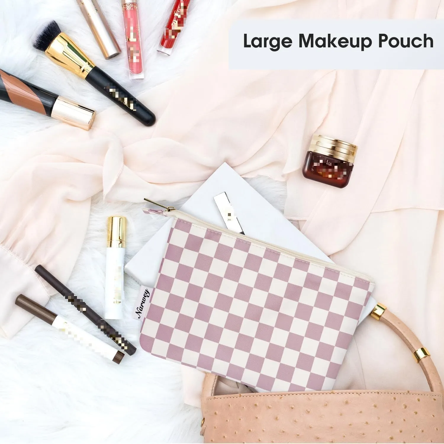 Narwey Small Checkered Makeup Bag for Purse Small Cosmetic Bag Women Travel Makeup Pouch Zipper Pouch (Dusty Rose Checkerboard)