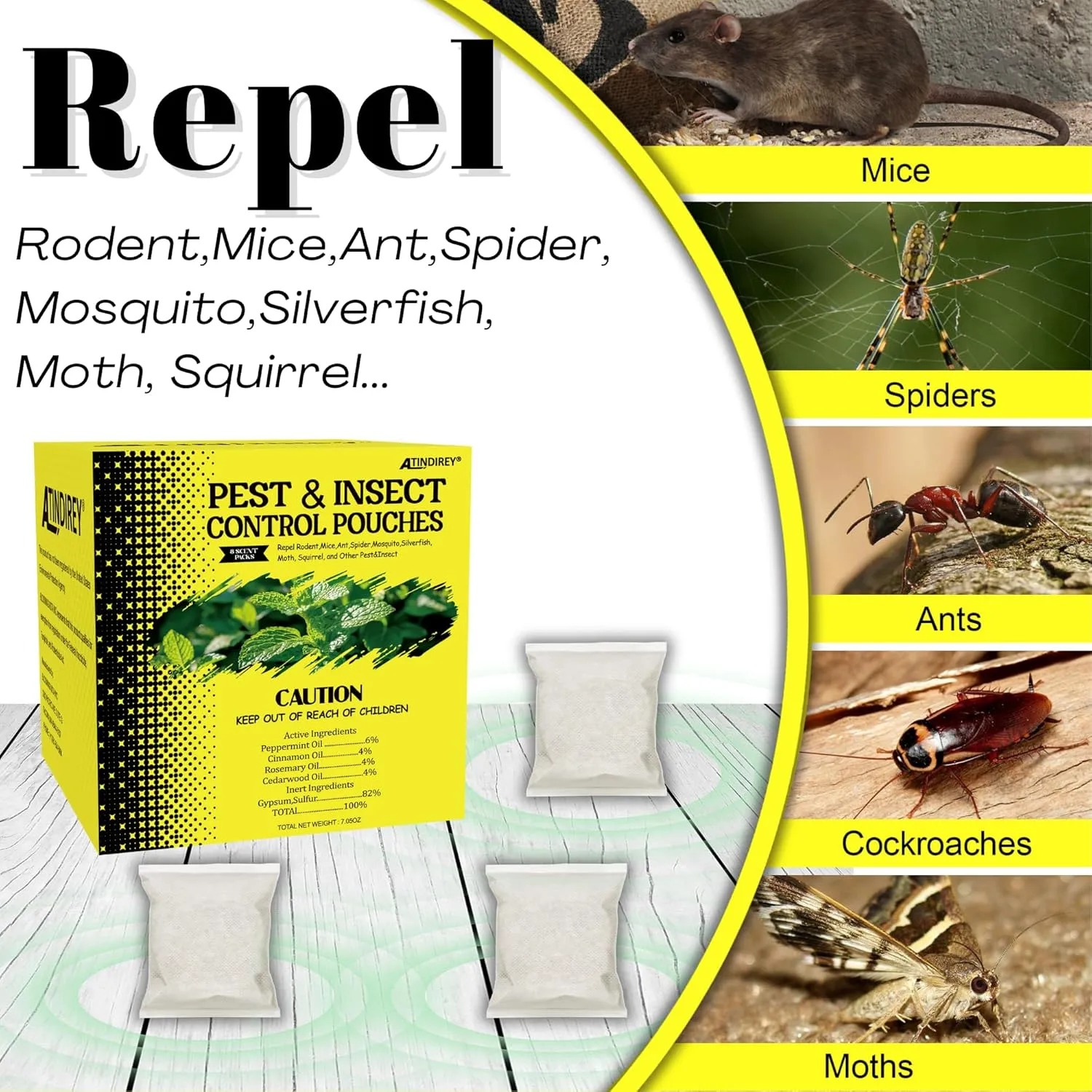 Natural Peppermint Spider Repellent Indoor Pet Safe & Ant Control Pouches - Fresh Mint Scent, Rodent Repellent for Car Engine, Home Storage, Safe for Kids and Pets(8PCS)