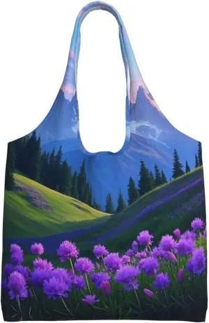 Nature Purple Flowers Meadow Mountain Scenic Print Women's Canvas Handbag,Sturdy Cotton Handbag With Patterned Shoulder Bag