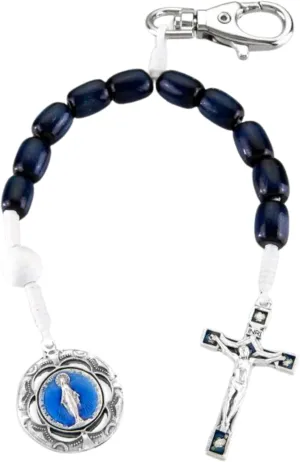 Needzo One Decade Blue Wood Rosary Bag Clip, Catholic Backpack Accessories, Miraculous Medal, 9 Inch