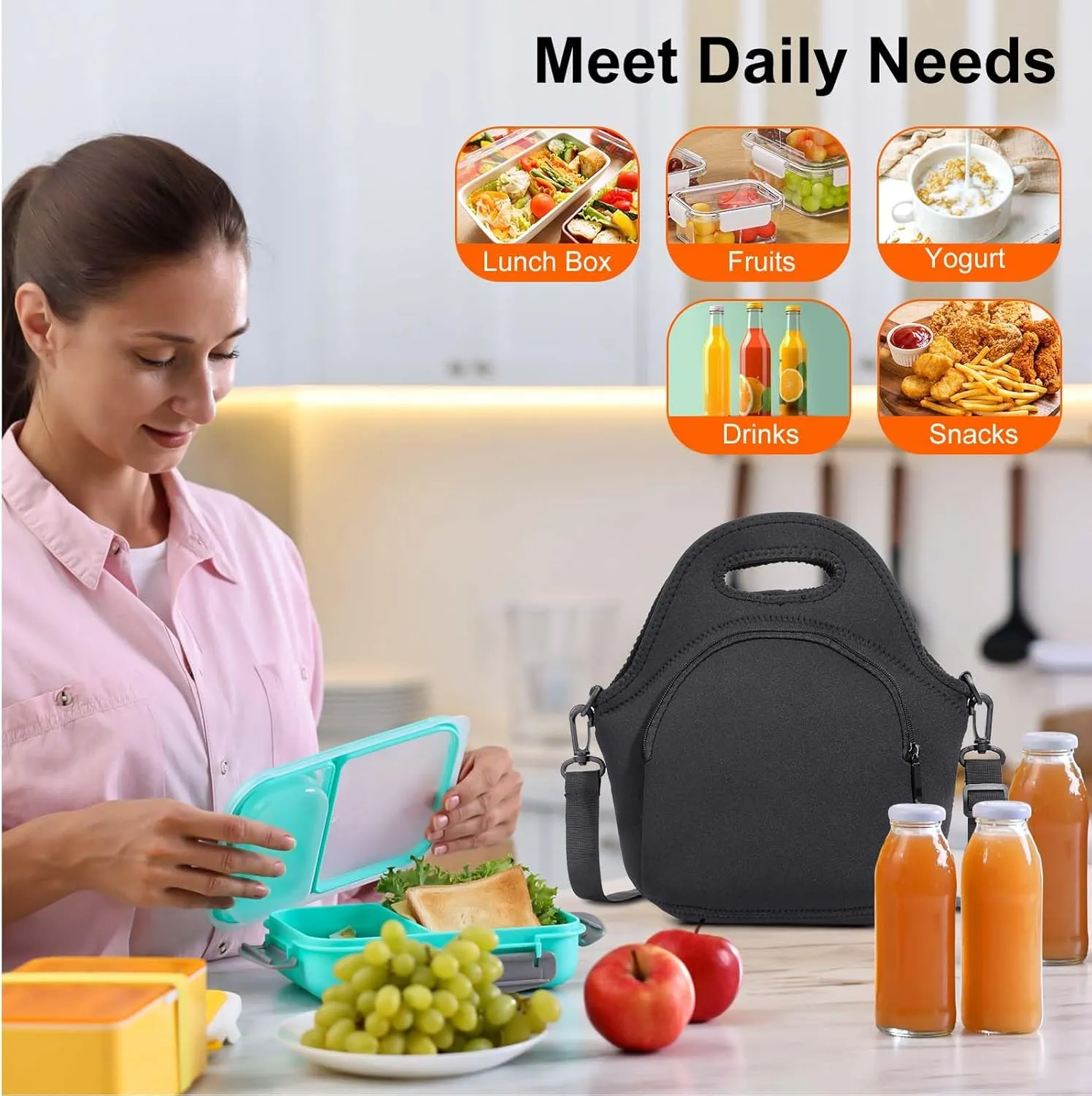 Neoprene Lunch Bag, Thermal Insulated Lunch Tote Bag with Detachable Shoulder Straps, Lightweight & Reusable Lunch Bag for Women Men