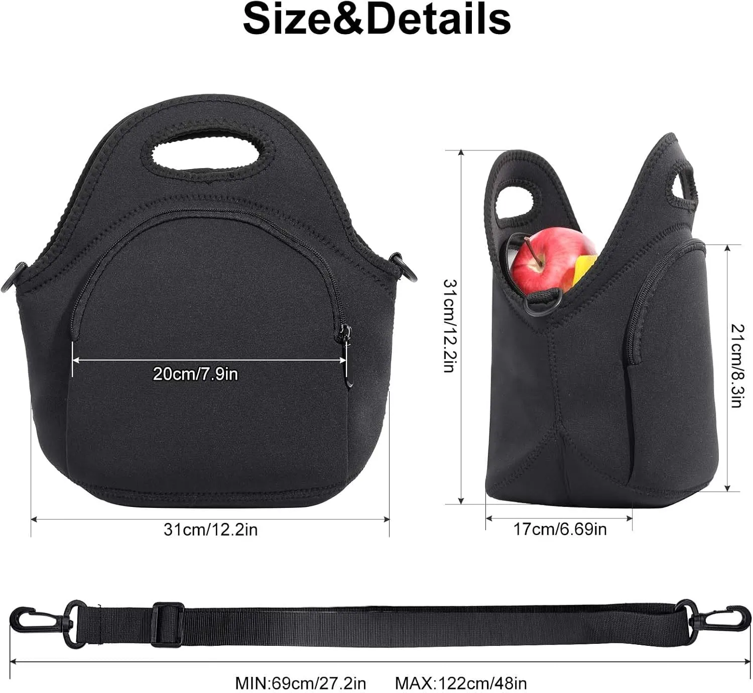 Neoprene Lunch Bag, Thermal Insulated Lunch Tote Bag with Detachable Shoulder Straps, Lightweight & Reusable Lunch Bag for Women Men