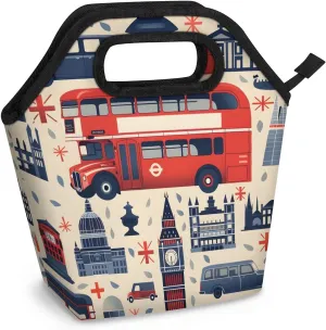 Neoprene Lunch Bags Ben Bell Bus Lunch Tote Bag with Zipper Insulated Lunchbox Handbag for Women Reusable Lunch Box Cooler Bag Waterproof Lunch Sack Bag for Work Picnic