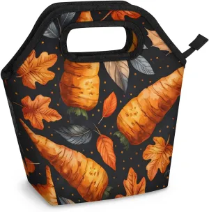 Neoprene Lunch Bags Maple Leaves Carrots Lunch Tote Bag with Zipper Insulated Lunchbox Handbag for Women Reusable Lunch Box Cooler Bag Waterproof Lunch Sack Bag for Work Picnic