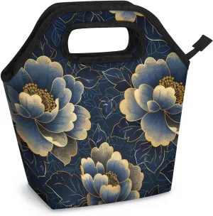 Neoprene Lunch Bags Noble Flower Lunch Tote Bag with Zipper Insulated Lunchbox Handbag for Women Reusable Lunch Box Cooler Bag Waterproof Lunch Sack Bag for Work Picnic