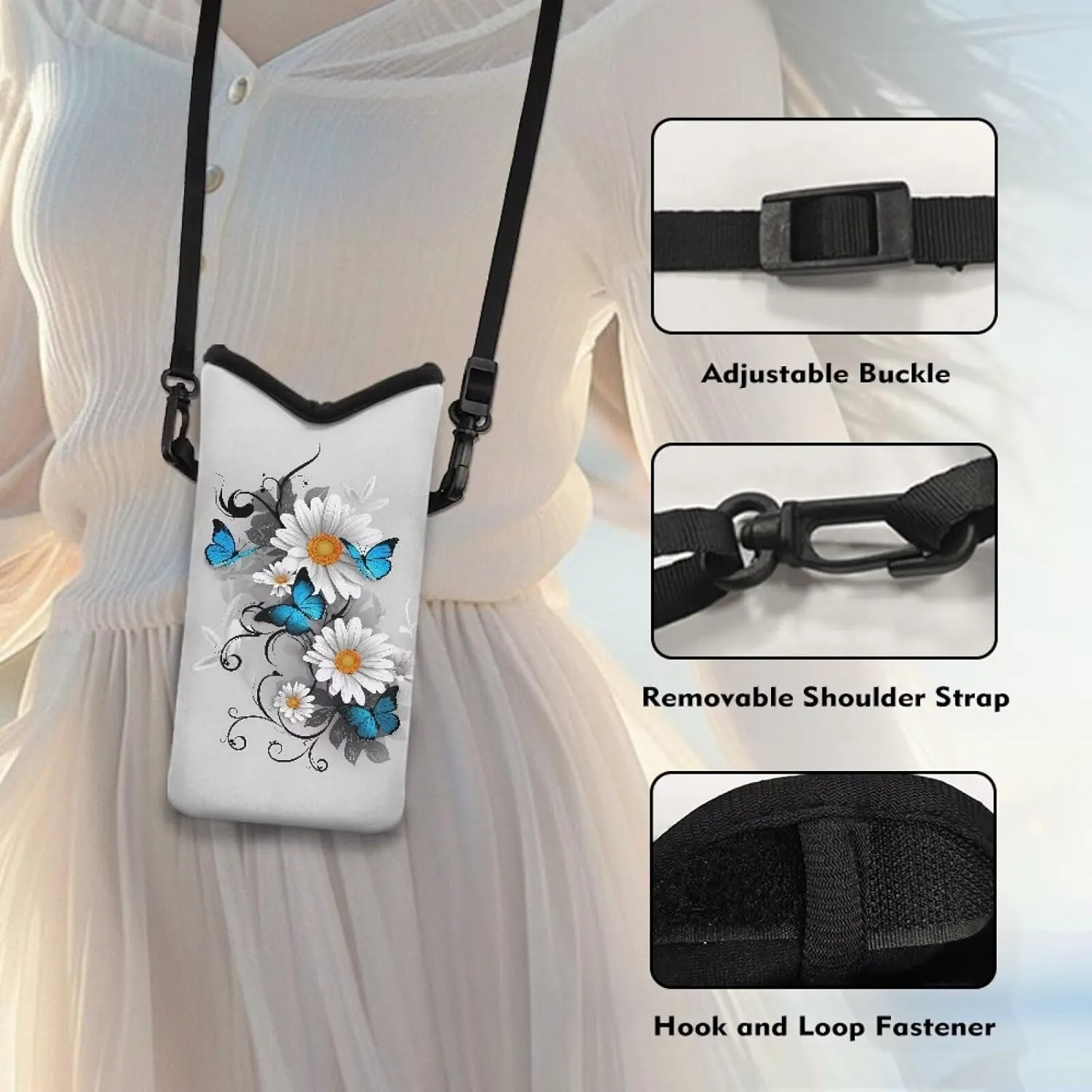 Neoprene Phone Bag Adjustable Crossbody Strap Mobile Protection Case Hook and Loop Fastener Phone Bag, 4 X 8 Inch