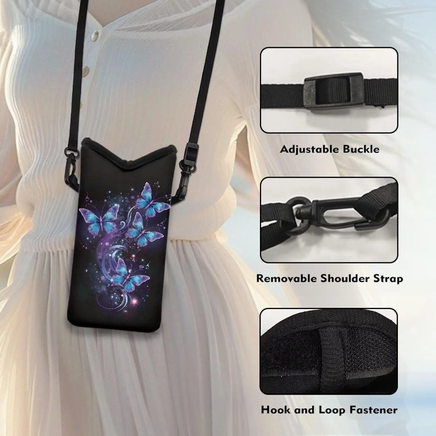 Neoprene Phone Bag Adjustable Crossbody Strap Mobile Protection Case Hook and Loop Fastener Phone Bag, 4 X 8 Inch