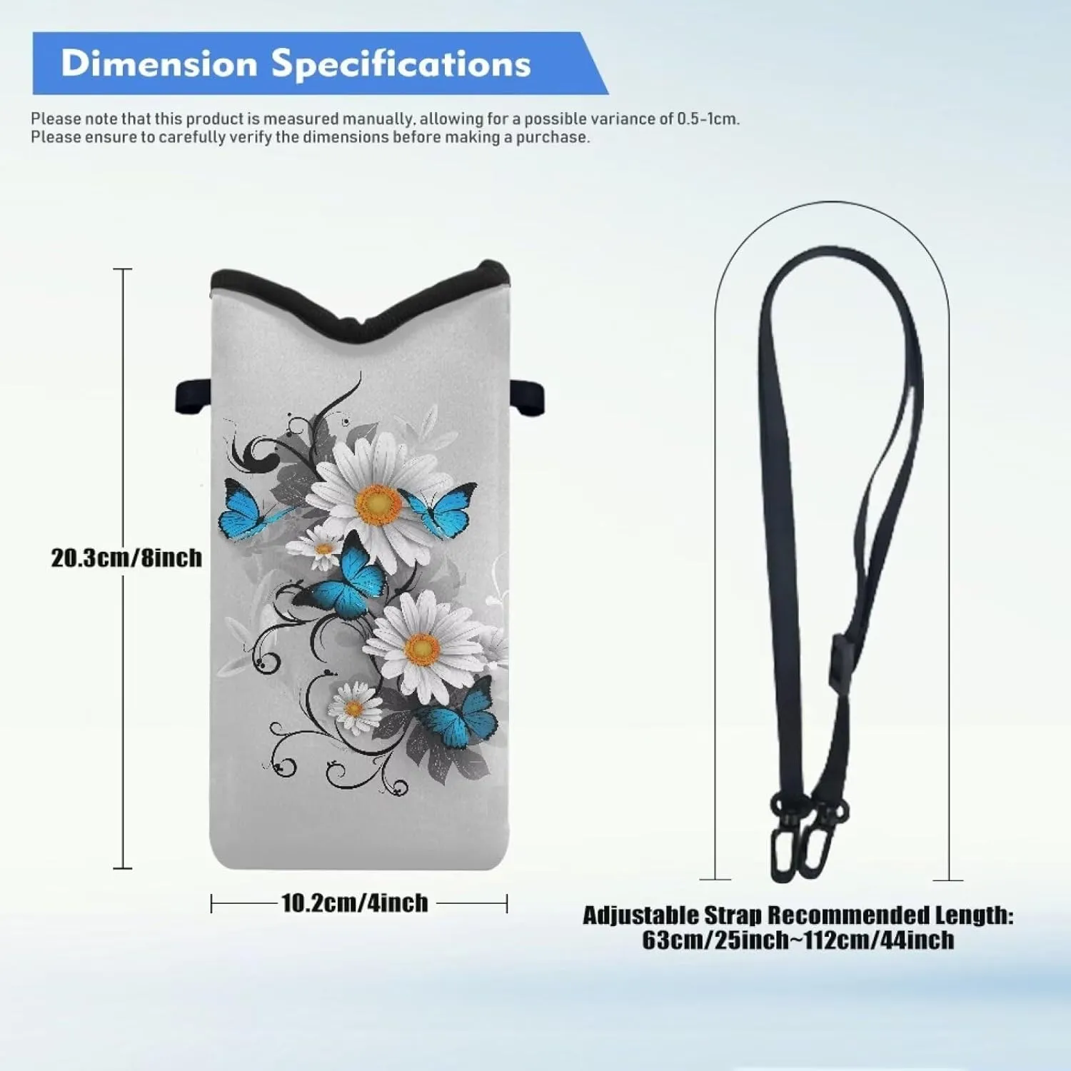 Neoprene Phone Bag Adjustable Crossbody Strap Mobile Protection Case Hook and Loop Fastener Phone Bag, 4 X 8 Inch