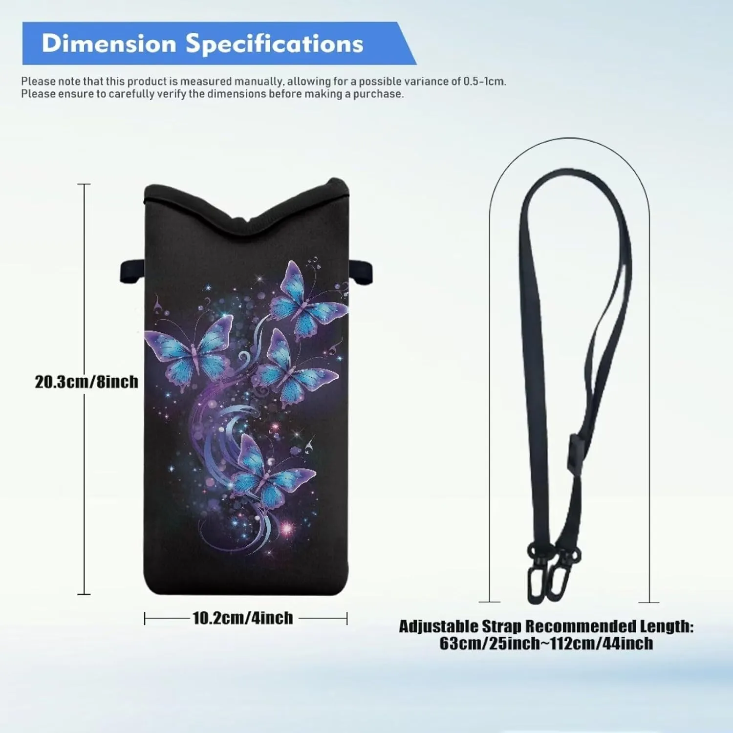 Neoprene Phone Bag Adjustable Crossbody Strap Mobile Protection Case Hook and Loop Fastener Phone Bag, 4 X 8 Inch
