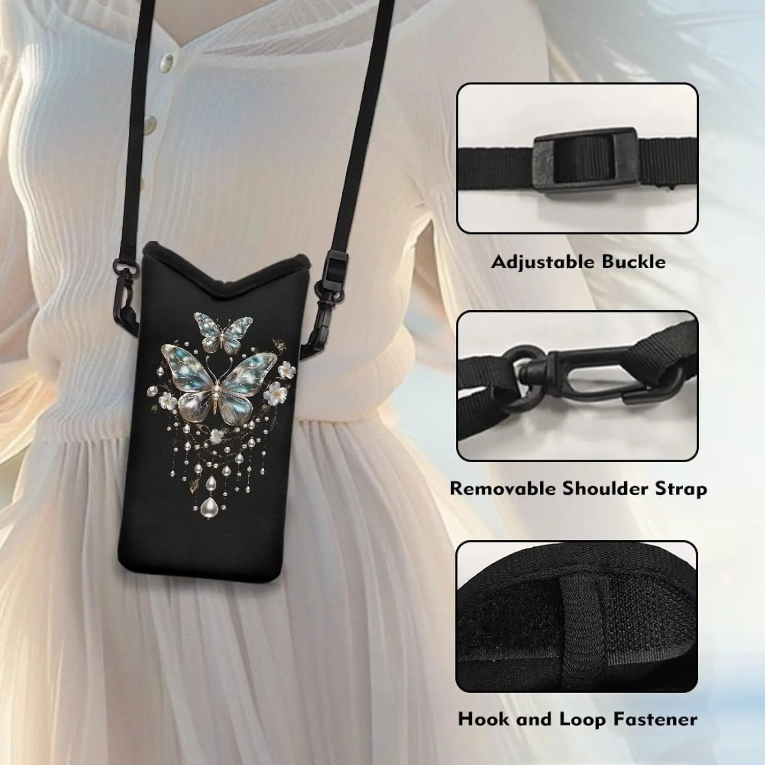 Neoprene Phone Bag Adjustable Crossbody Strap Mobile Protection Case Hook and Loop Fastener Phone Bag, 4 X 8 Inch