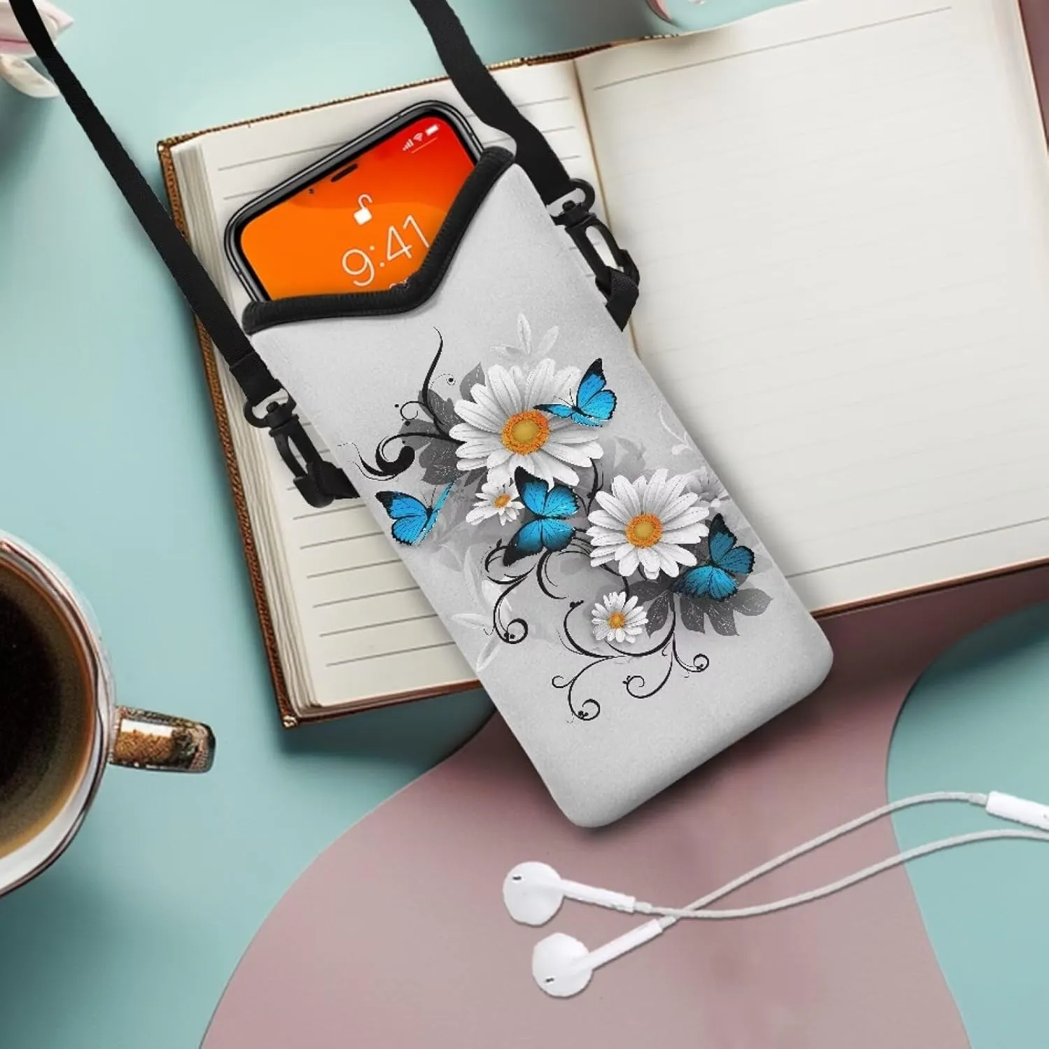 Neoprene Phone Bag Adjustable Crossbody Strap Mobile Protection Case Hook and Loop Fastener Phone Bag, 4 X 8 Inch