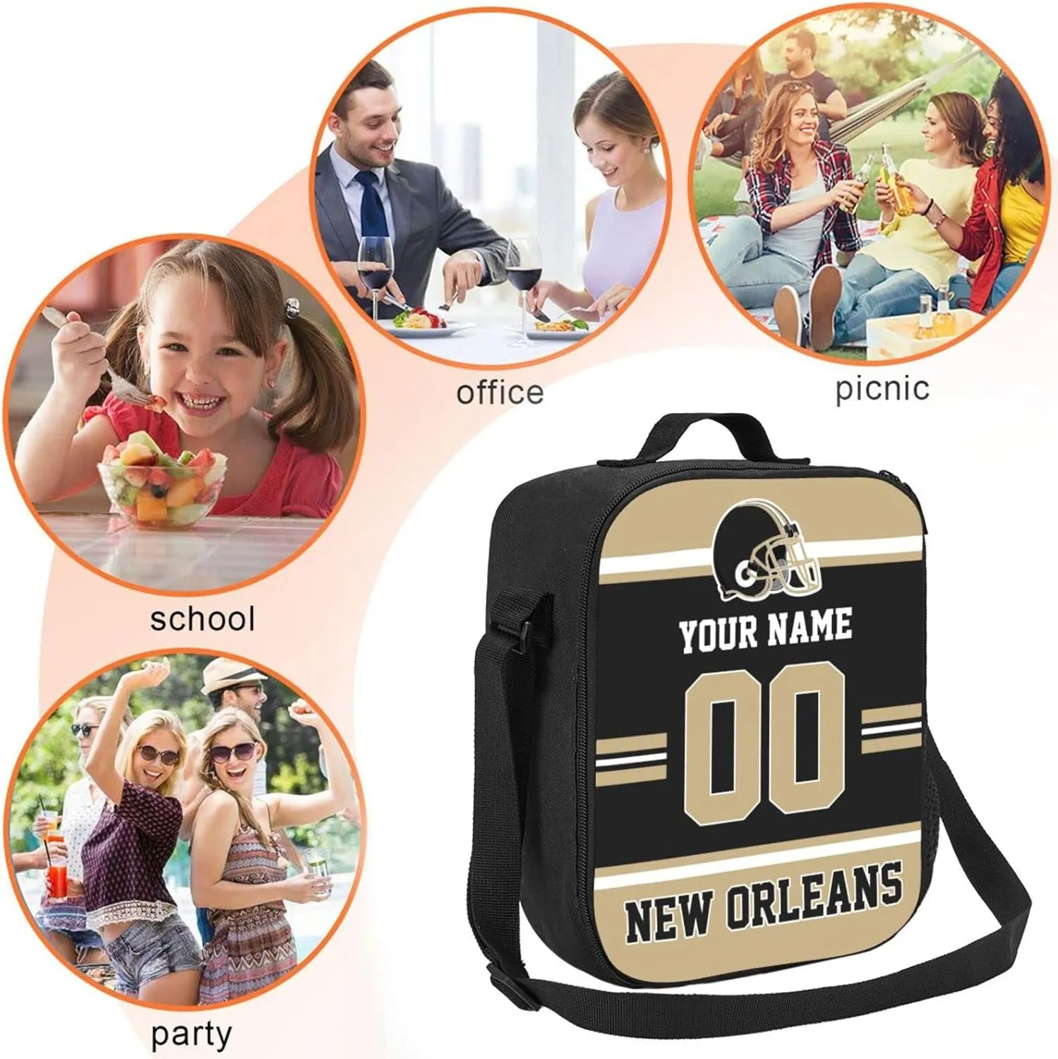 New Orleans Lunch Box Lunch Bag Custom Any Name and Number Adjustable Strap Sport Insulated Lunch Bags Personalized Gifts for Men Women
