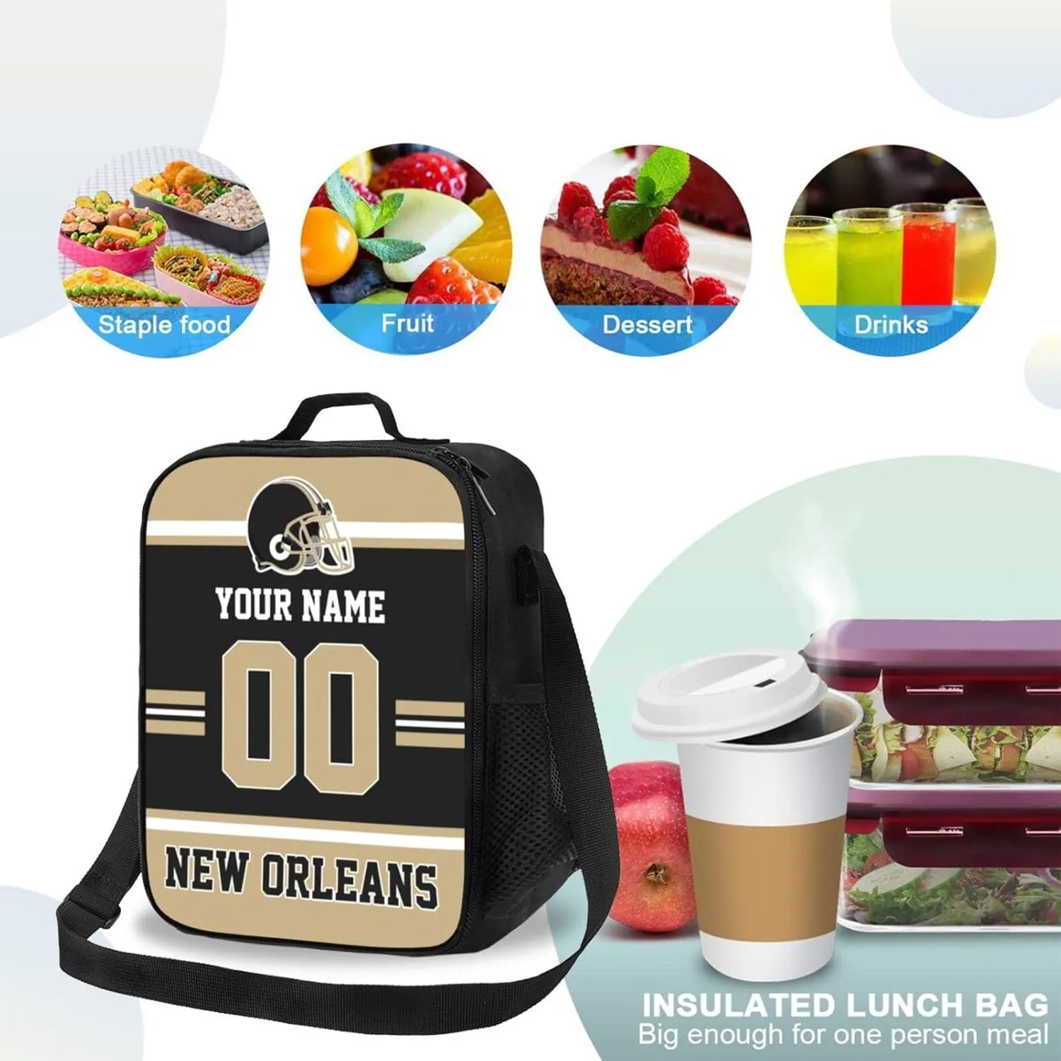 New Orleans Lunch Box Lunch Bag Custom Any Name and Number Adjustable Strap Sport Insulated Lunch Bags Personalized Gifts for Men Women