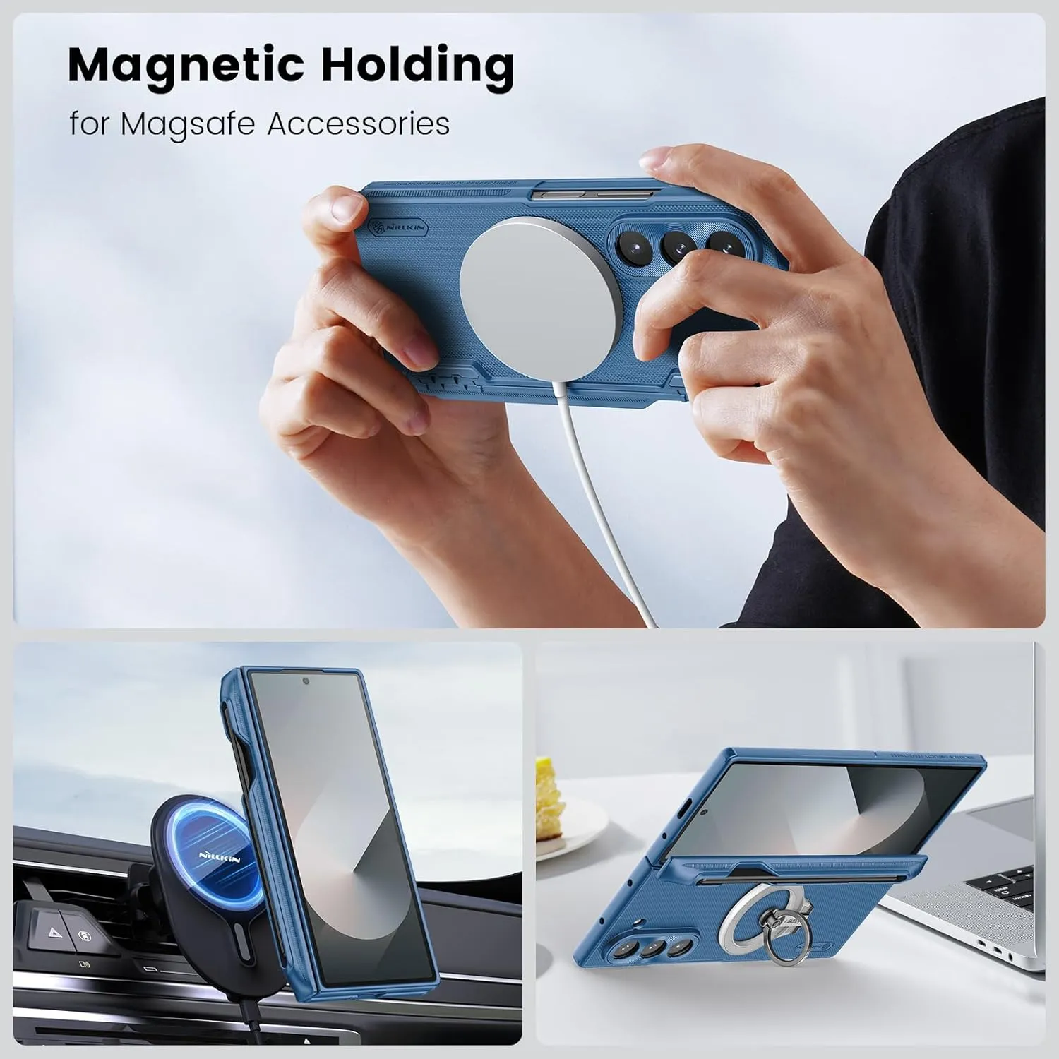 Nillkin Magnetic Case for Galaxy Z Fold 6 with S Pen Holder, Hinge Protection, Compatible with Magsafe, Built-in Screen Protector, Slim Fit Protective Phone Case for Samsung Galaxy Z Fold 6, Blue
