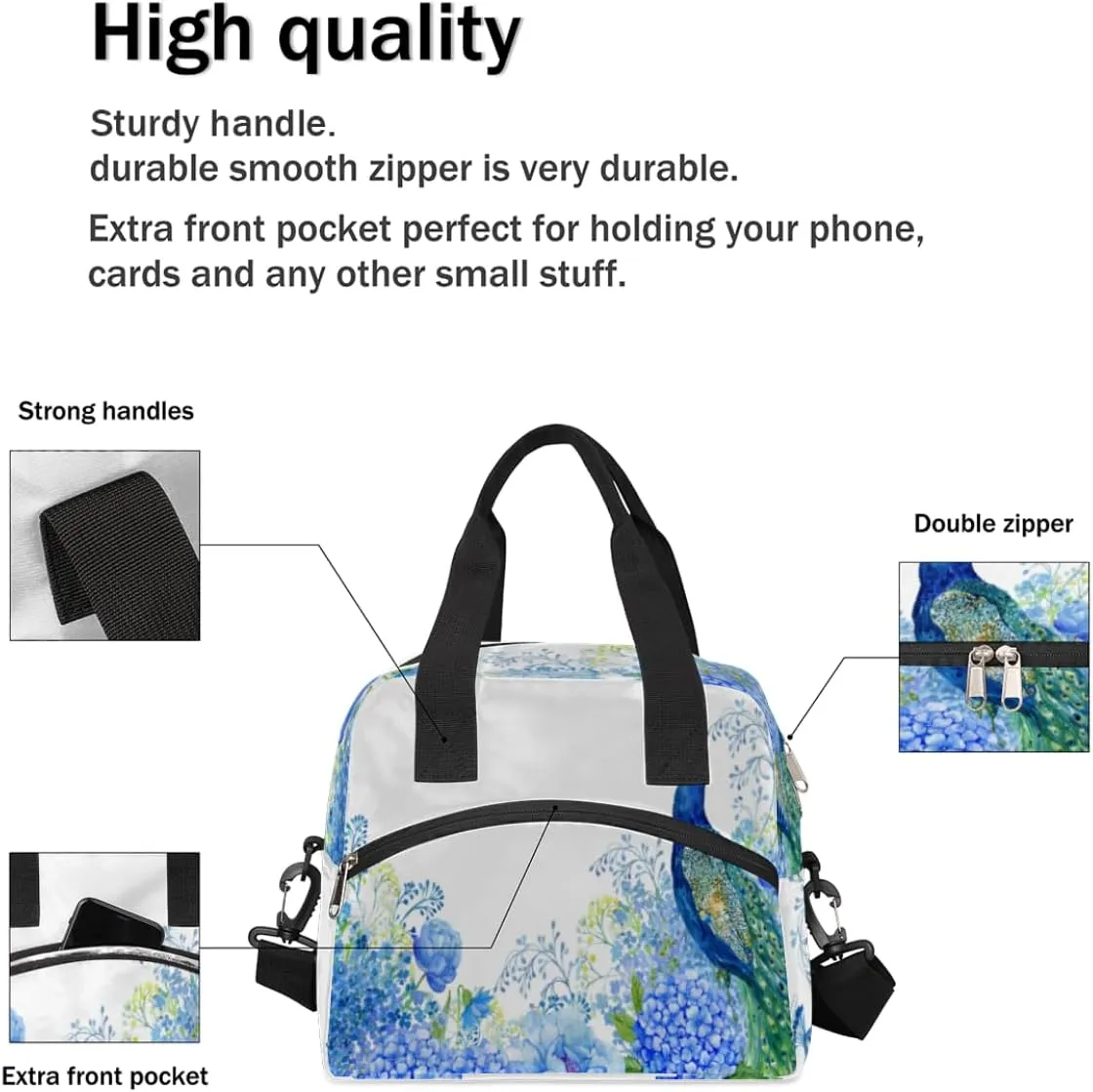 Noble Peacock Lunch Bag for Women Men Reusable Durable Insulated Lunch Box for Work Office Picnic Beach Hiking Lunch Tote Bag with Adjustable Shoulder Strap