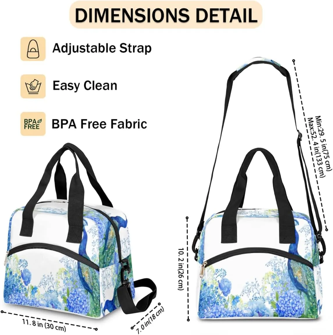 Noble Peacock Lunch Bag for Women Men Reusable Durable Insulated Lunch Box for Work Office Picnic Beach Hiking Lunch Tote Bag with Adjustable Shoulder Strap