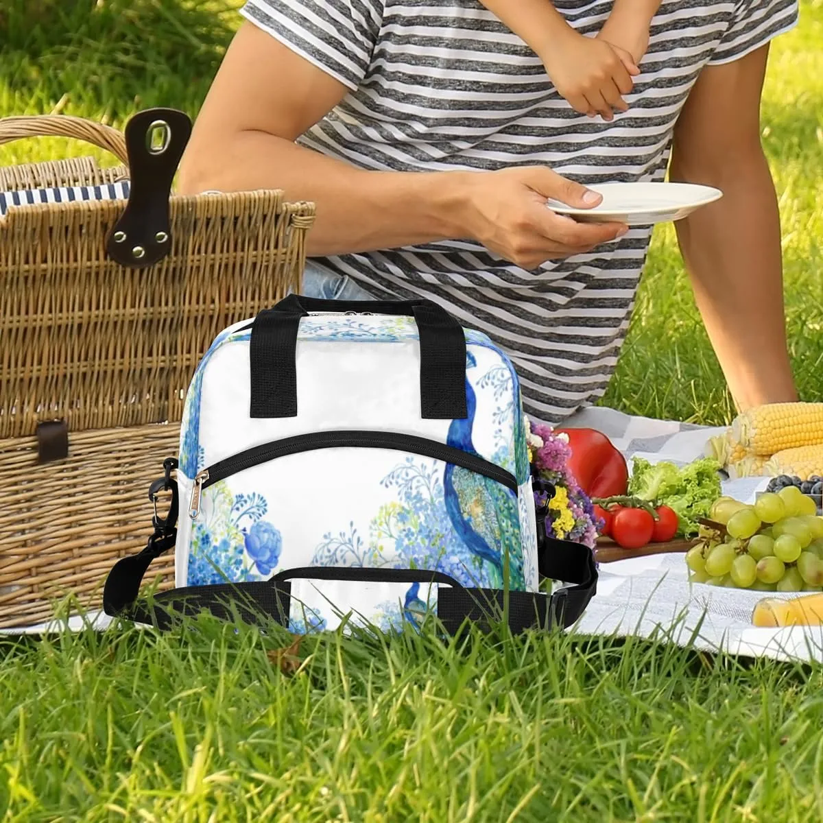 Noble Peacock Lunch Bag for Women Men Reusable Durable Insulated Lunch Box for Work Office Picnic Beach Hiking Lunch Tote Bag with Adjustable Shoulder Strap