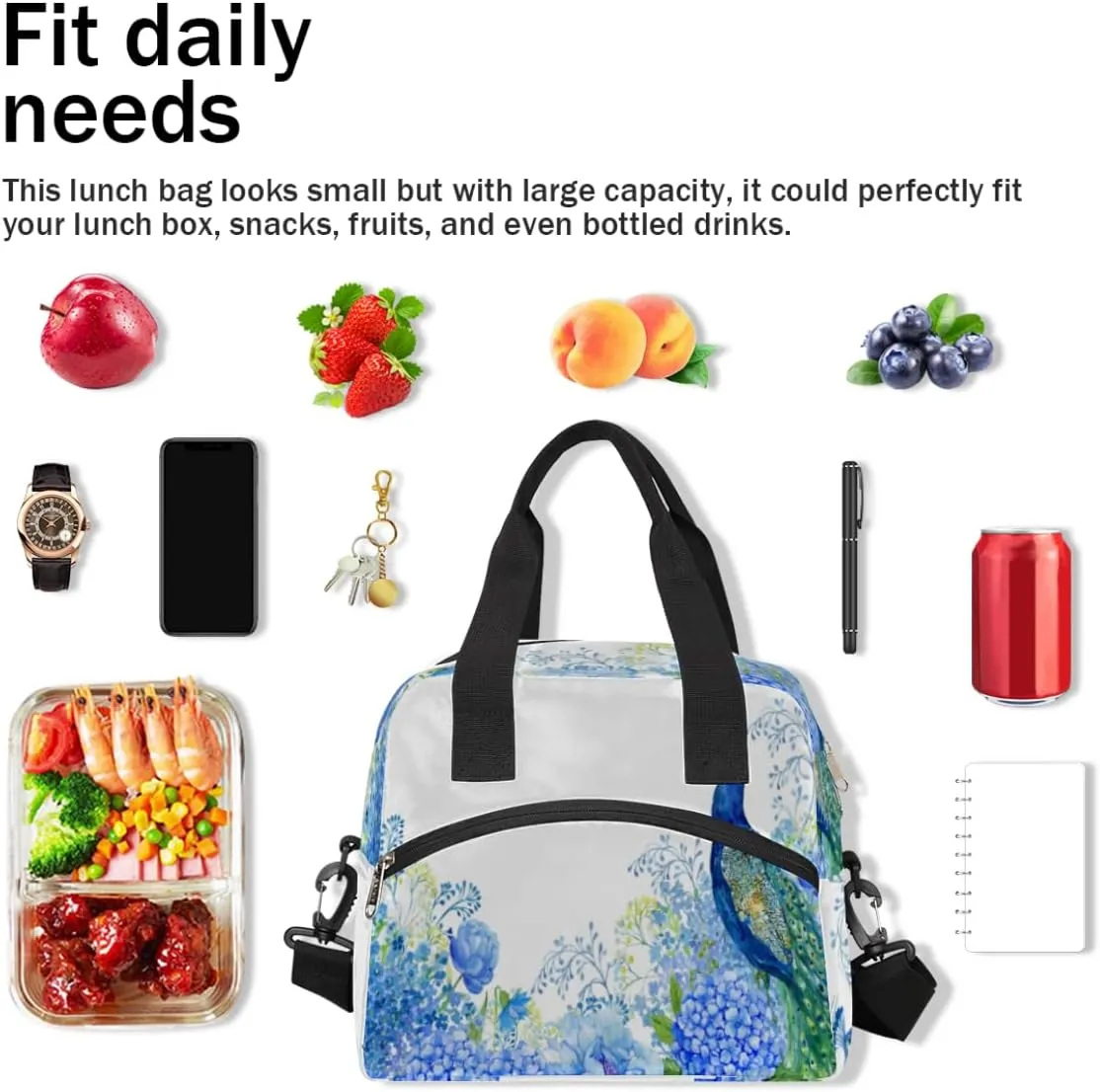 Noble Peacock Lunch Bag for Women Men Reusable Durable Insulated Lunch Box for Work Office Picnic Beach Hiking Lunch Tote Bag with Adjustable Shoulder Strap
