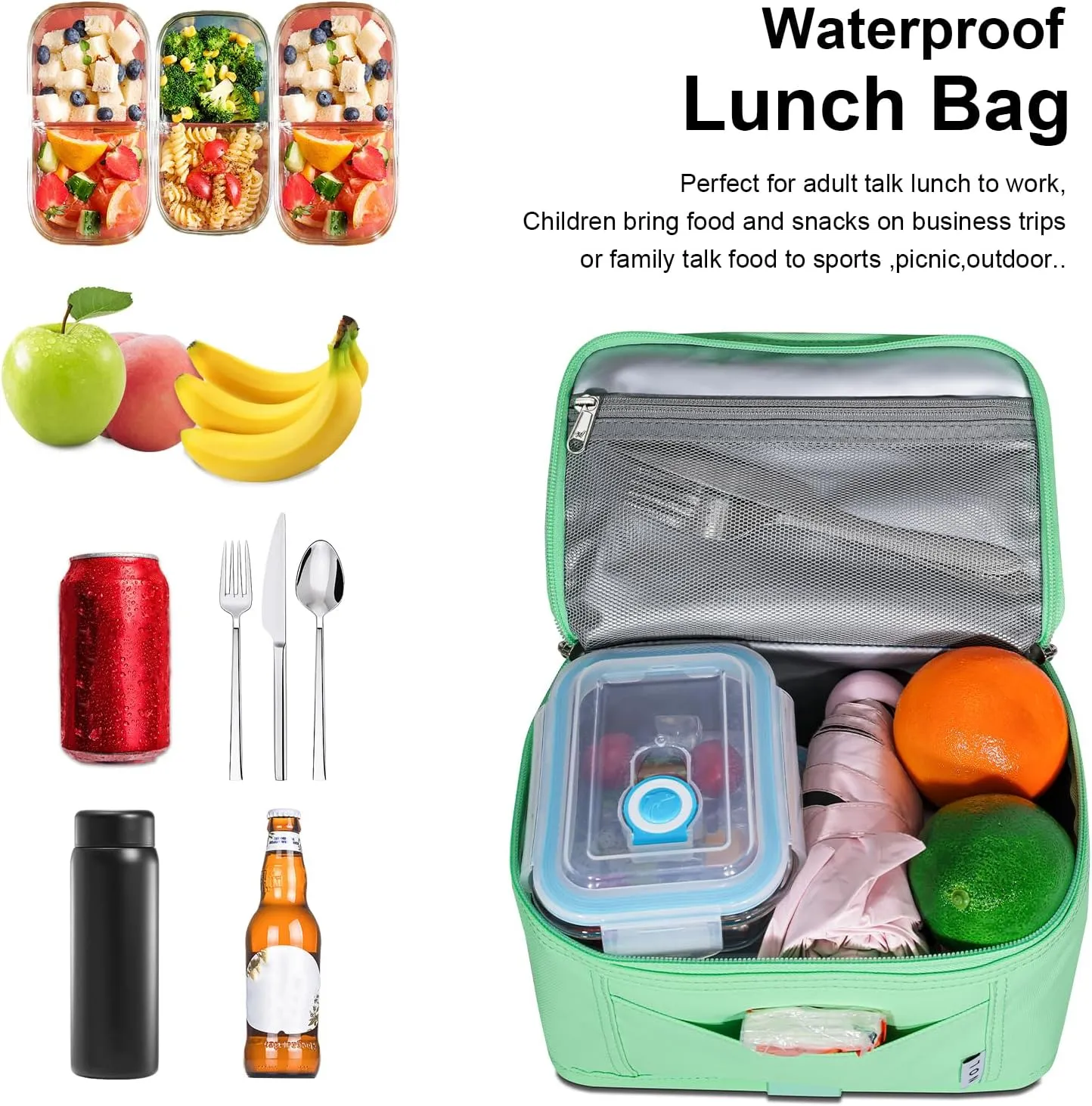 NOL Natural Organic Lifestyle Small Lunch Bag Mini Lunch Box Insulated Lunch Bag for Men/Women Leakproof Cooler Tote Bag Lightweight Nylon Waterproof Lunch Box For Work,Mint green