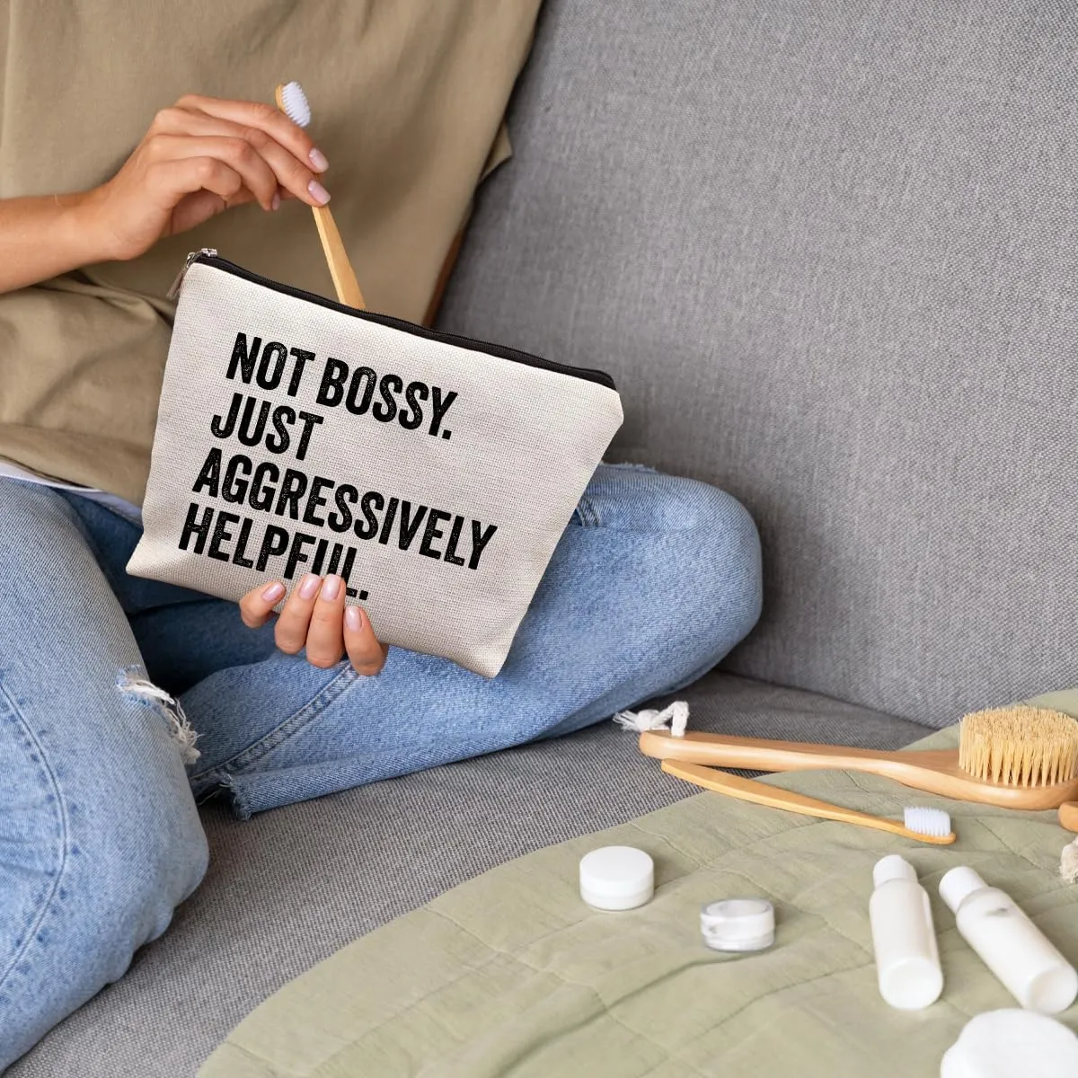 Not Bossy Just Aggressively Helpful Funny Makeup Bags for Women, Humorous Sarcastic Gifts for Women, Funny Cosmetic Bags for Women
