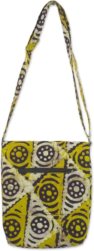 NOVICA Artisan Handmade Batik Cotton Sling Handbag Gold Alabaster from Ghana Handbags Yellow Beige Slings Shoulder Patterned ' Triangle Happiness' 10 Inch
