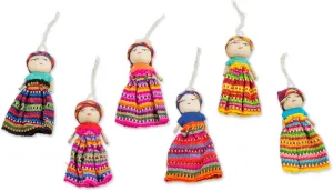 NOVICA Traditional Worry Dolls Hanging Holiday Ornaments From Guatemala With Individual Cotton Bags, 'Worry Dolls Share The Love' (Set Of 6)
