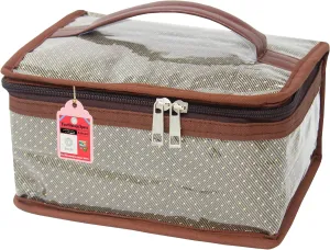 Nylon MakeUp Organizer Case Travel Jewelry Bag Transparent Ring Earring Storage Box for Bracelet Pendant Holder with 7 Clear Zippered Pouch Brown