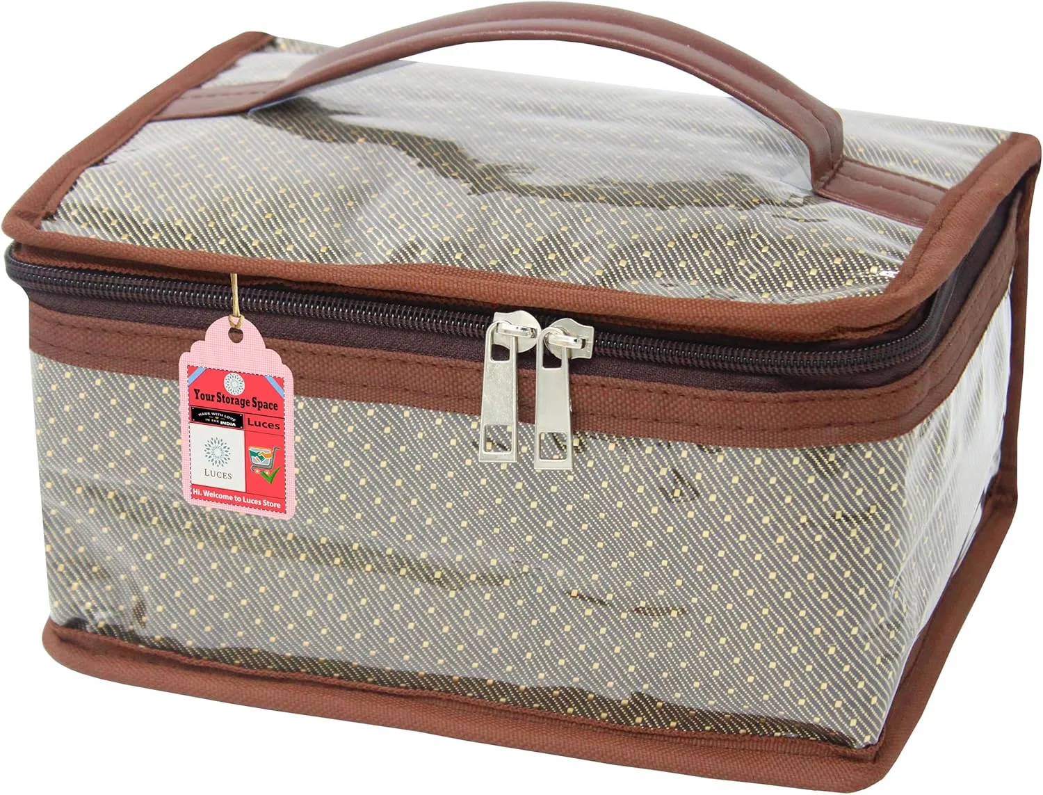 Nylon MakeUp Organizer Case Travel Jewelry Bag Transparent Ring Earring Storage Box for Bracelet Pendant Holder with 7 Clear Zippered Pouch Brown