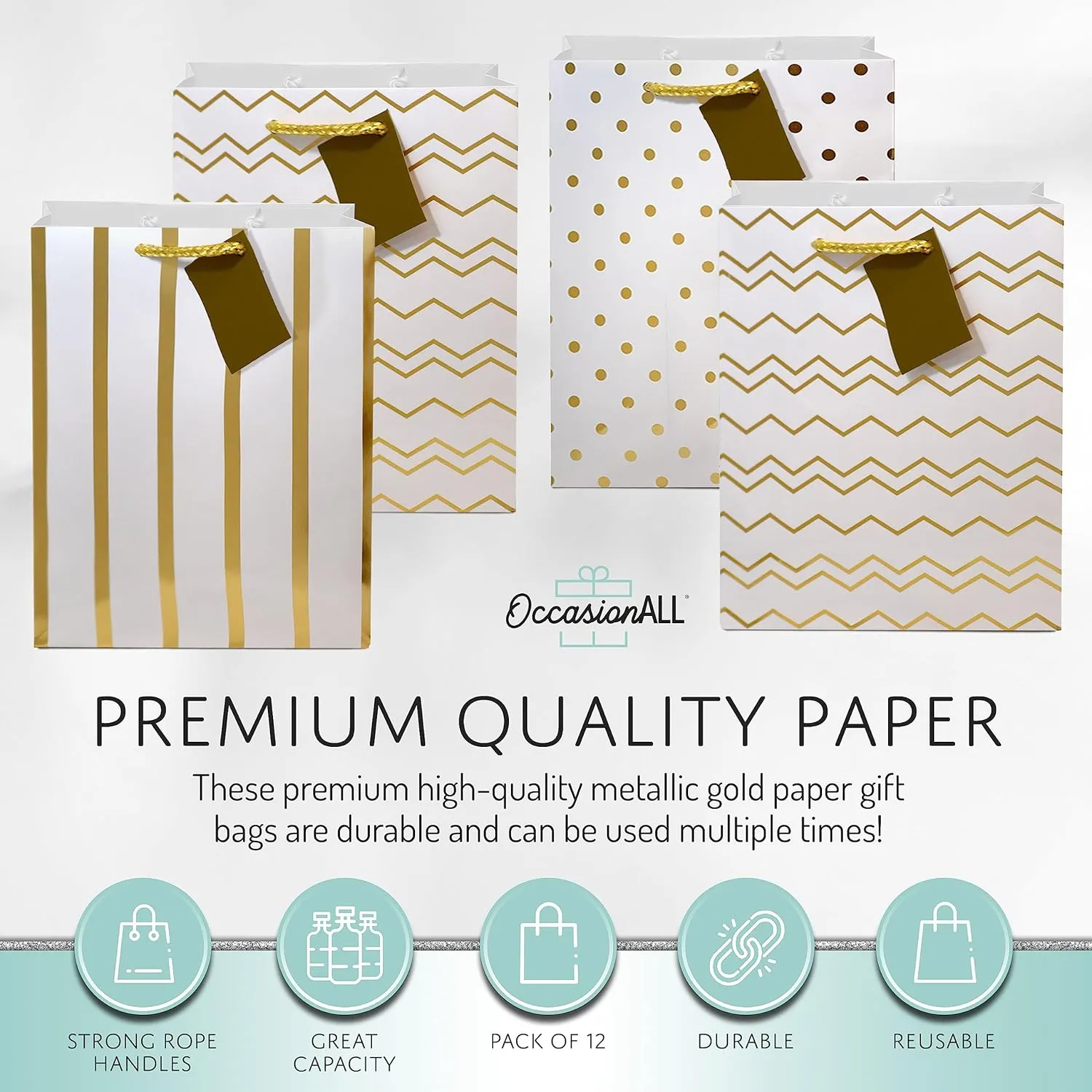 OccasionALL Gold Gift Bags Medium Assorted Print Gift Bags with Handles, Christmas Wrap, Holidays, Events, Seasonal, Shopping, Bulk, 7.5x3.5x9, 12 Pack