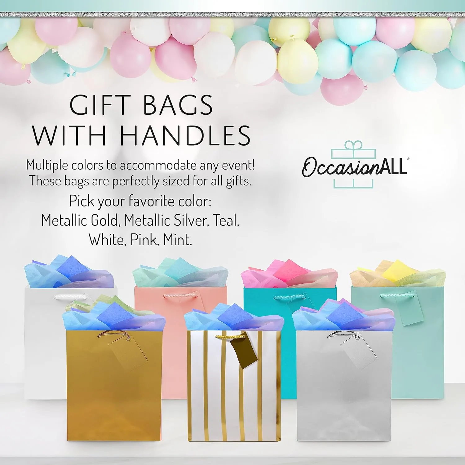 OccasionALL Gold Gift Bags Medium Assorted Print Gift Bags with Handles, Christmas Wrap, Holidays, Events, Seasonal, Shopping, Bulk, 7.5x3.5x9, 12 Pack