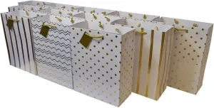 OccasionALL Gold Gift Bags Medium Assorted Print Gift Bags with Handles, Christmas Wrap, Holidays, Events, Seasonal, Shopping, Bulk, 7.5x3.5x9, 12 Pack