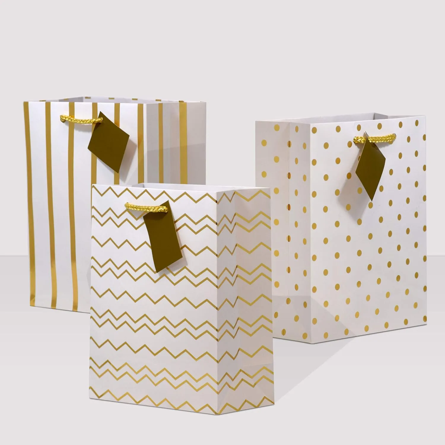 OccasionALL Gold Gift Bags Medium Assorted Print Gift Bags with Handles, Christmas Wrap, Holidays, Events, Seasonal, Shopping, Bulk, 7.5x3.5x9, 12 Pack