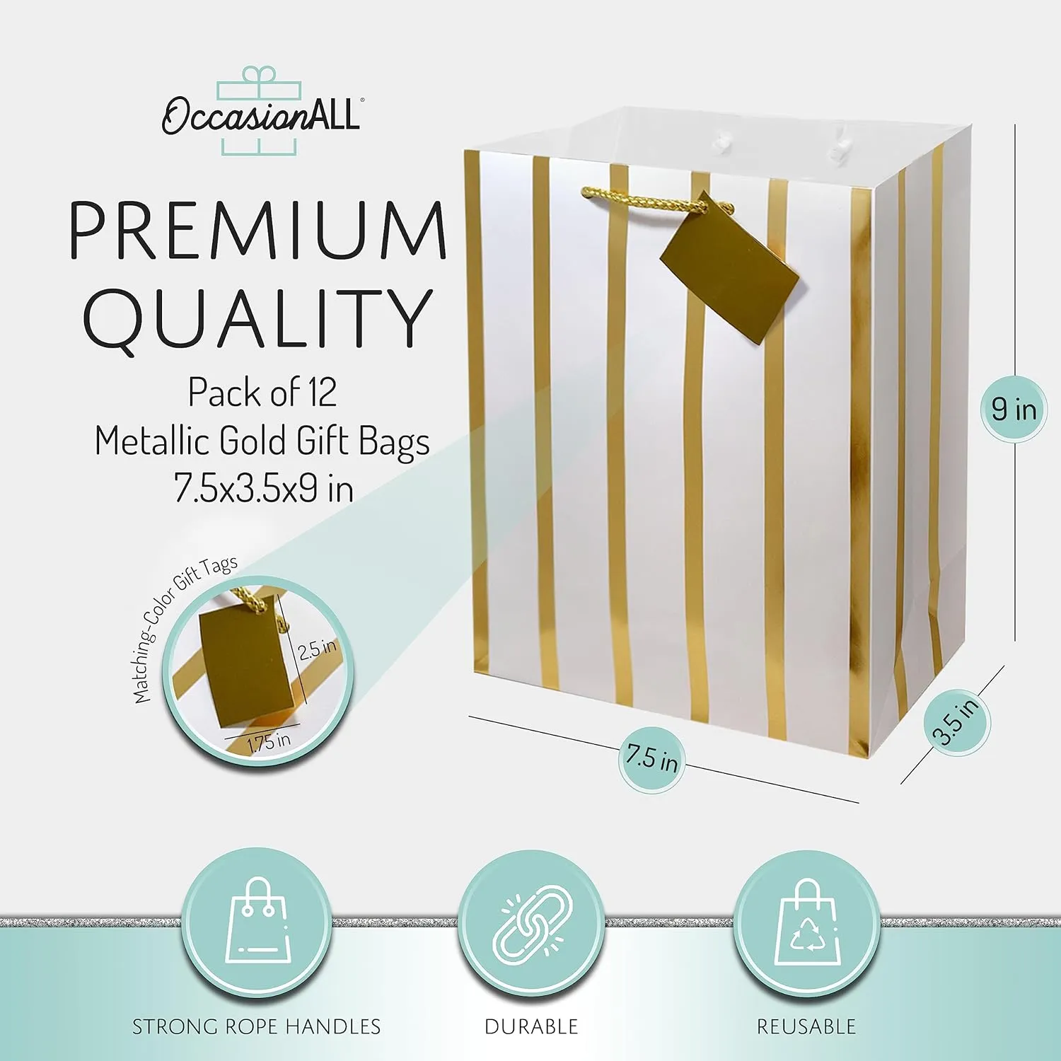 OccasionALL Gold Gift Bags Medium Assorted Print Gift Bags with Handles, Christmas Wrap, Holidays, Events, Seasonal, Shopping, Bulk, 7.5x3.5x9, 12 Pack