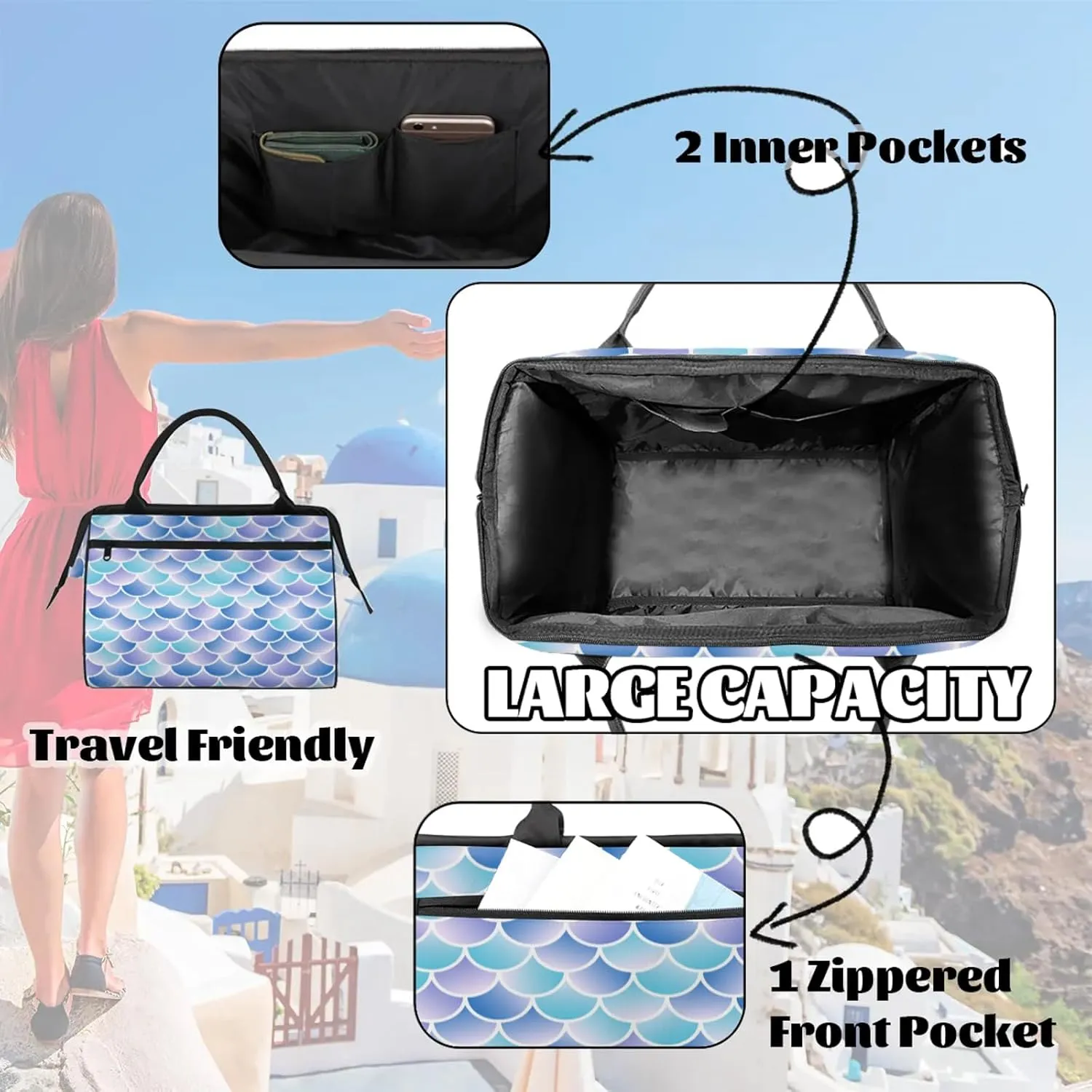 Ocean Colorful Mermaid Scales Travel Duffel Bag Gym Tote Bag for Women Men Waterproof Weekend Overnight Bag Carry On Tote Luggage with Pocket Personal Item Bags Sports Bag fit Travel Sports Gym Yoga