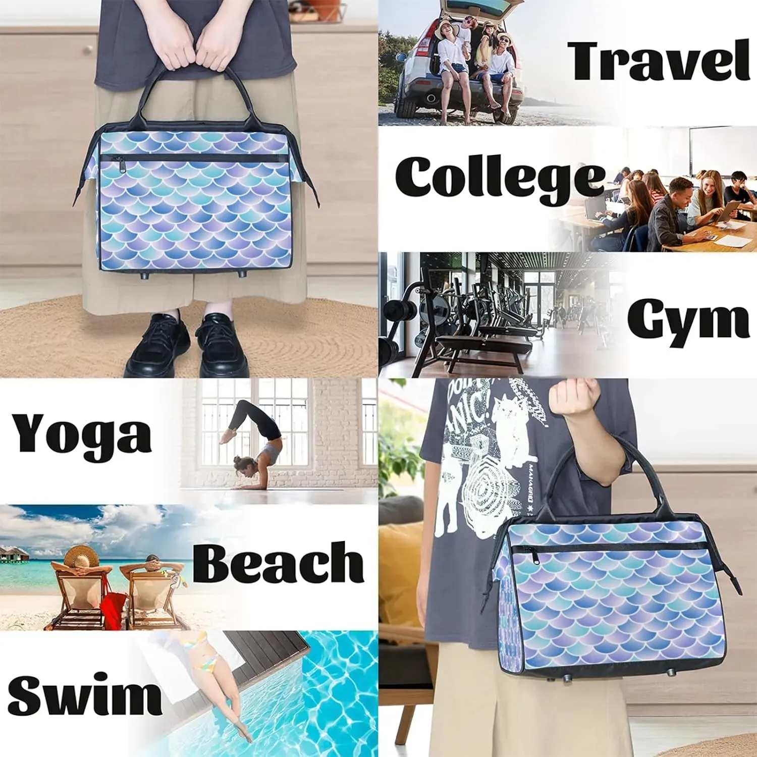 Ocean Colorful Mermaid Scales Travel Duffel Bag Gym Tote Bag for Women Men Waterproof Weekend Overnight Bag Carry On Tote Luggage with Pocket Personal Item Bags Sports Bag fit Travel Sports Gym Yoga