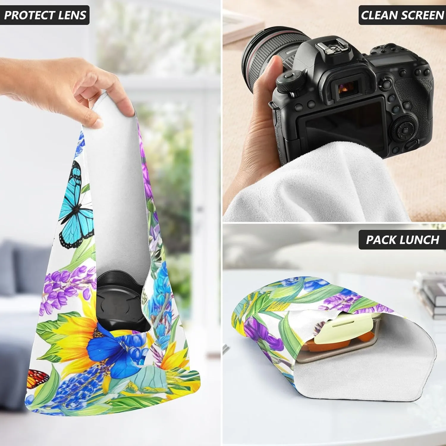 ODAWA Butterflies Sunflowers 21.7"x21.7" Self-adhesive Cloth Camera Lens Wrap Cloth
