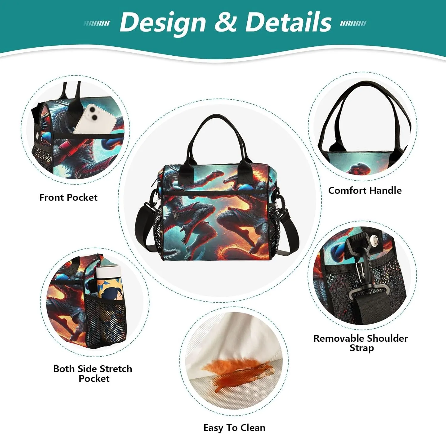 ODAWA Dragon Battle Lunch Bag Cooler with Adjustable Shoulder Strap, Work Lunch Bags for Women